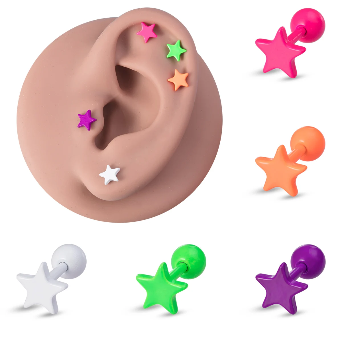 1/5 Stück bunte Stern-Ohrstecker für Frauen, Ohrpiercing, Edelstahl, Langhantel, Tragus, Knorpelohrring, Helix, Conch-Schmuck