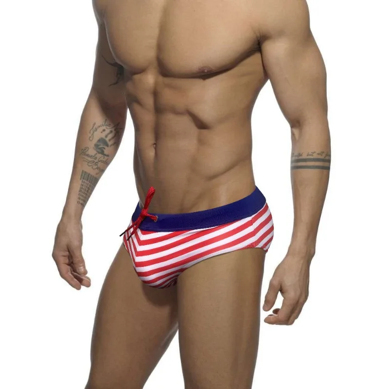 Stripes Men Swim Trunks Sexy Low-waisted Drawstring Swimwear Swimming Briefs Summer Quick Drying Sport Beach Shorts Swimsuit