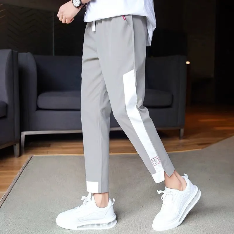 Korean Summer New Loose Versatile Casual Pants Men's Panelled Elastic Waist Drawstring Pockets Patchwork Thin Harlan Trousers