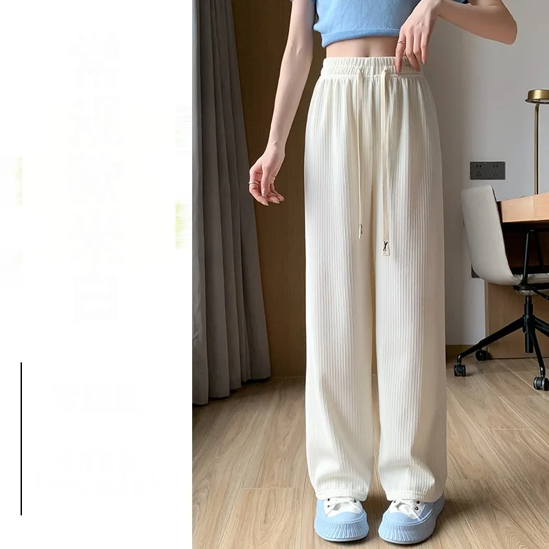 Spring Autumn Women's Solid Pockets Straight Leg Casual Wide Leg Elastic Drawstring High Waisted Sports Trousers Vintage Pants
