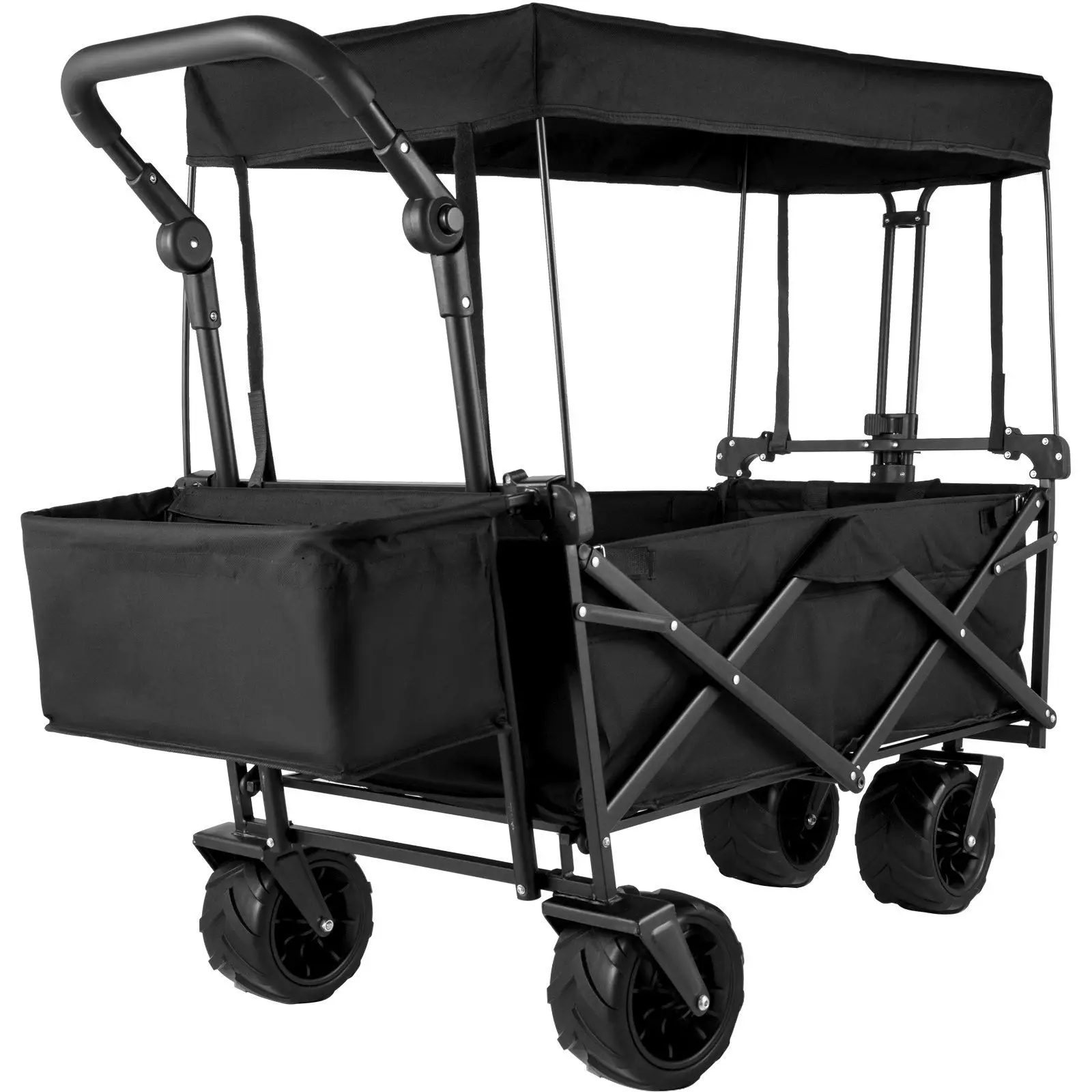 Extra Large Collapsible Garden Cart with Canopy, Folding Wagon with Wheels, for Gardening, Camping, and Shopping, Black
