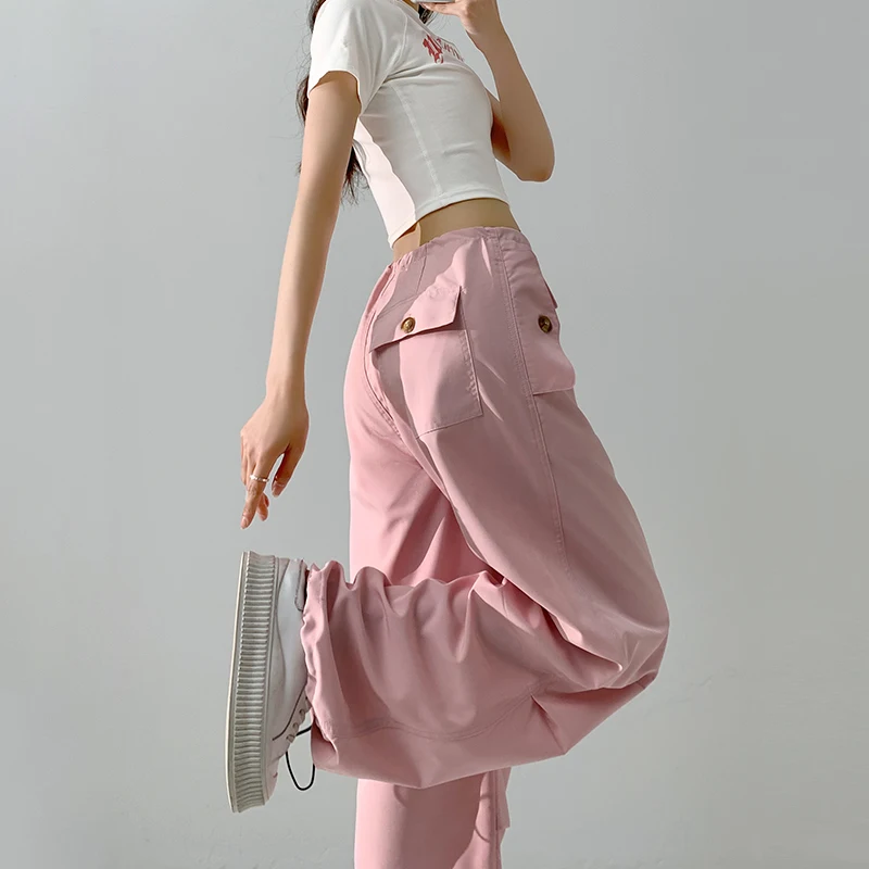 Summer Streetwear Baggy Cargo Pants Women New Design High Waist Straight Drawstring Wide Leg Pants Femme