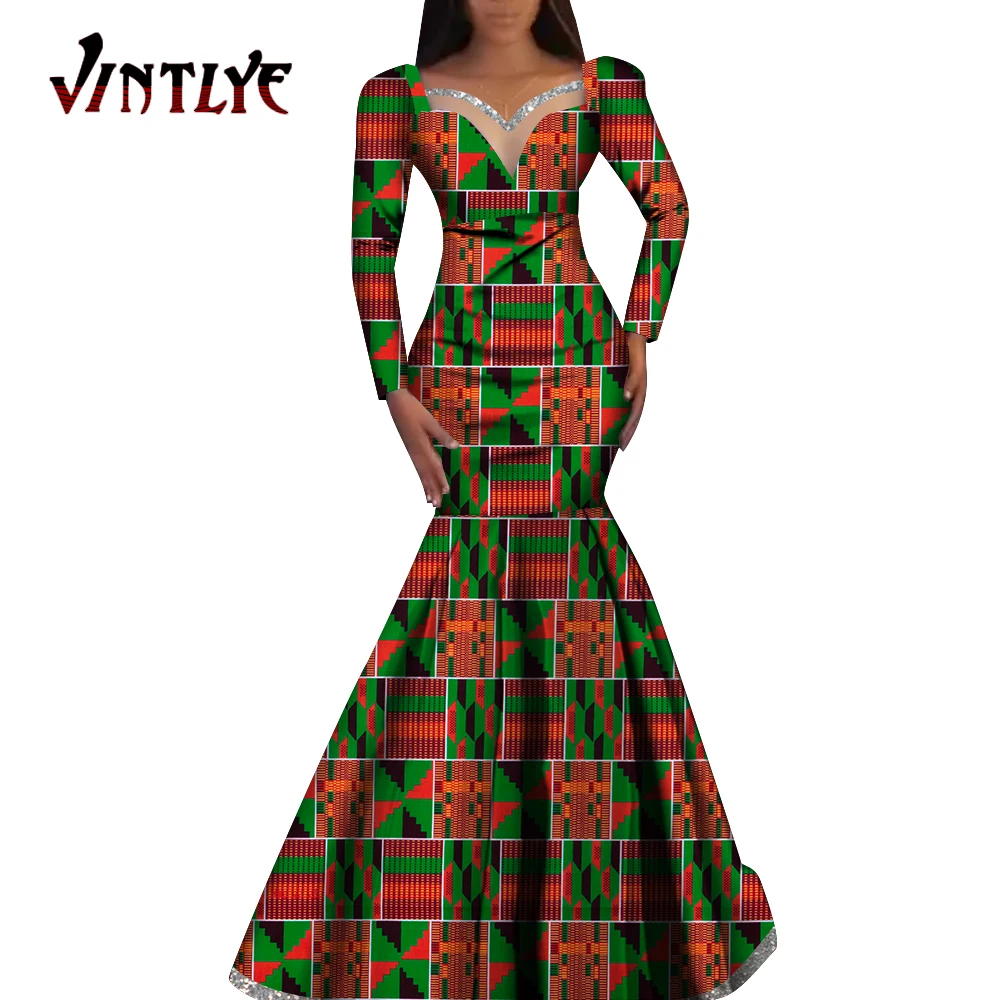 Fashion Robe Dresses Ankara Print African Dresses for Women Long Sleeve Elegant Dashiki Wedding Pleated Skirt Dresses WY1058 african gowns Africa Clothing