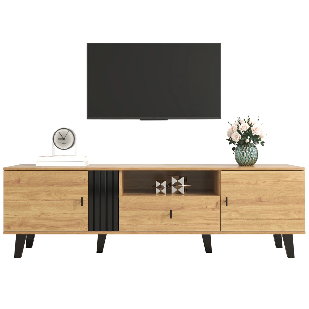 PINGGO 170cm TV-Ständer Holz Schwarz Design Lowboard mit Schubladen Einzigartiger Moderner Aufbewahrungsschrank Stilvolles Wohnzimmermöbel – Detail 6