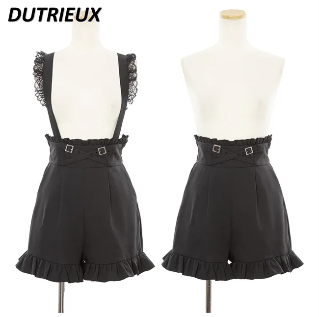 Spring Autumn New Cute Suspender Shorts Japanese Students Lace Slim Fit Wooden Ear Short Pants College Style Lolita Black Shorts
