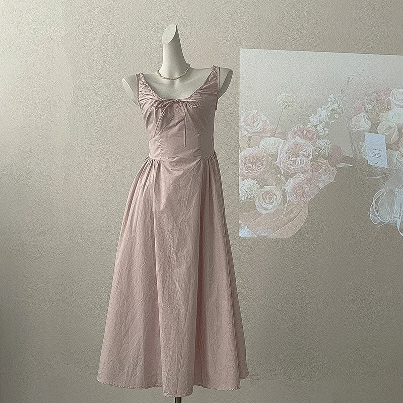 

Elegant Women Light Purple Dress Square Collar Sleeveless Slim A-Line Solid Vestidos Female Summer Versatile Commute Midi Dress