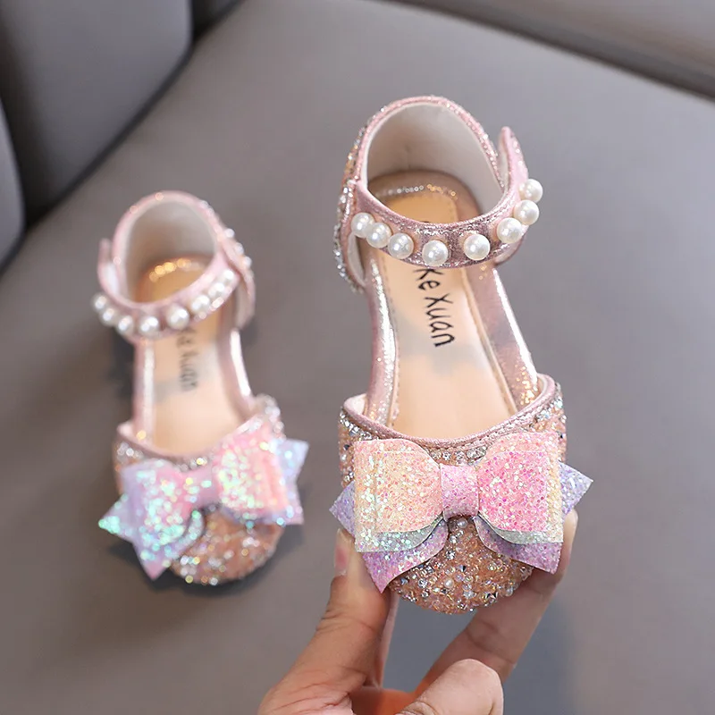 

Girls Shoes Round Toe Ankle Strap Sandals Pearls Sequined Bowknot Dance Performance Shoes Mary Janes Summer Sandals Kids Flats