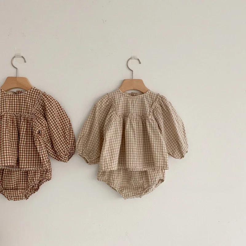 Kleinkind Kleinkind Baby Mädchen Set Baumwolle Plaid Bluse und pp Shorts Sets für Kinder Kleinkind Outfits