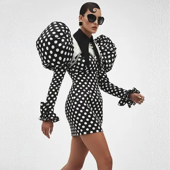 Couture Black Polka Dots Short Women Party Dresses With Crytsal Details Fashion Puffy Sleeves Mini Dress 1