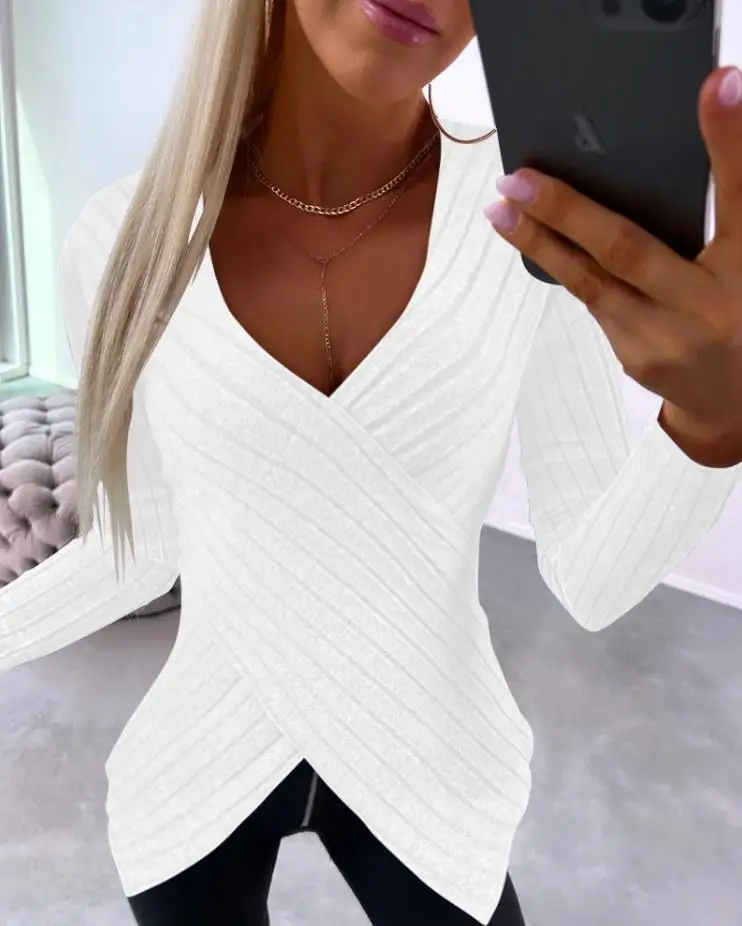 

Polyester V-Neck Long Sleeves Regular Daily High Stretch Casual Blouses Overlap Asymmetrical Top for Women