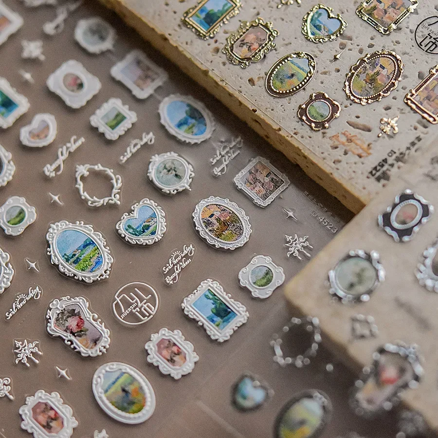 Luxury Rococo Style Photo Frame Mirror Retro Rose Gold Silver Totem Bowknot Flower Nail Art Stickers Oil Painting Manicure Decal