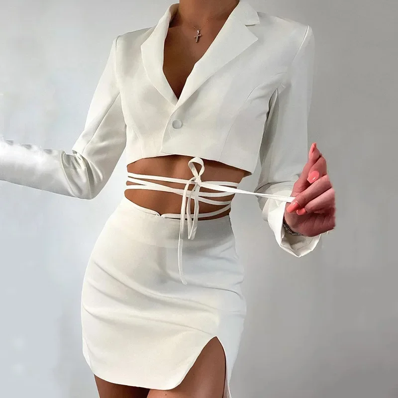 Autumn New OL  Suit Female Fashion Sexy Hot Girl Small Suit Slightly Slit Strap Short Skirt Pure Color Temperament Suit
