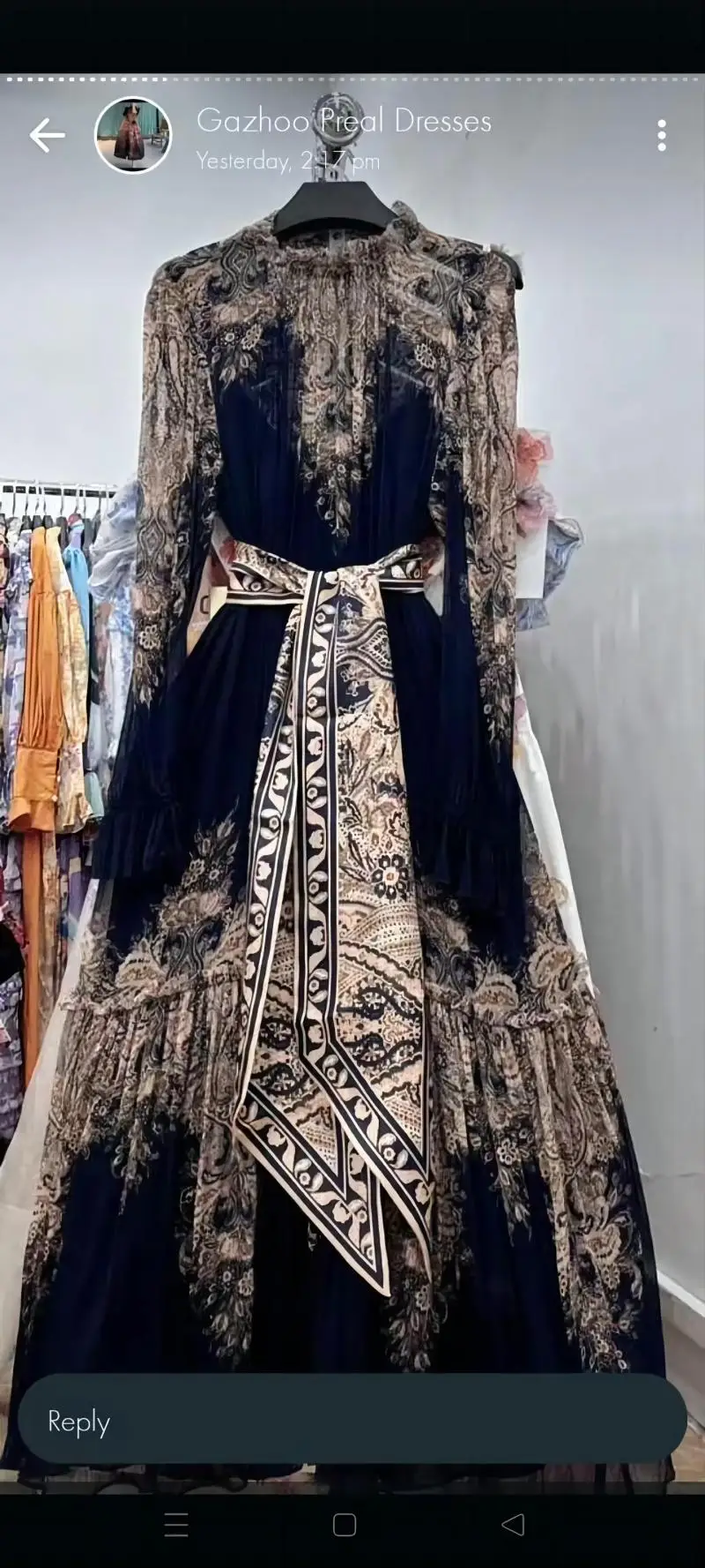 

Spring and autumn court style vintage print long sleeve high waist slim crew neck dress high-end big swing dress long skirt