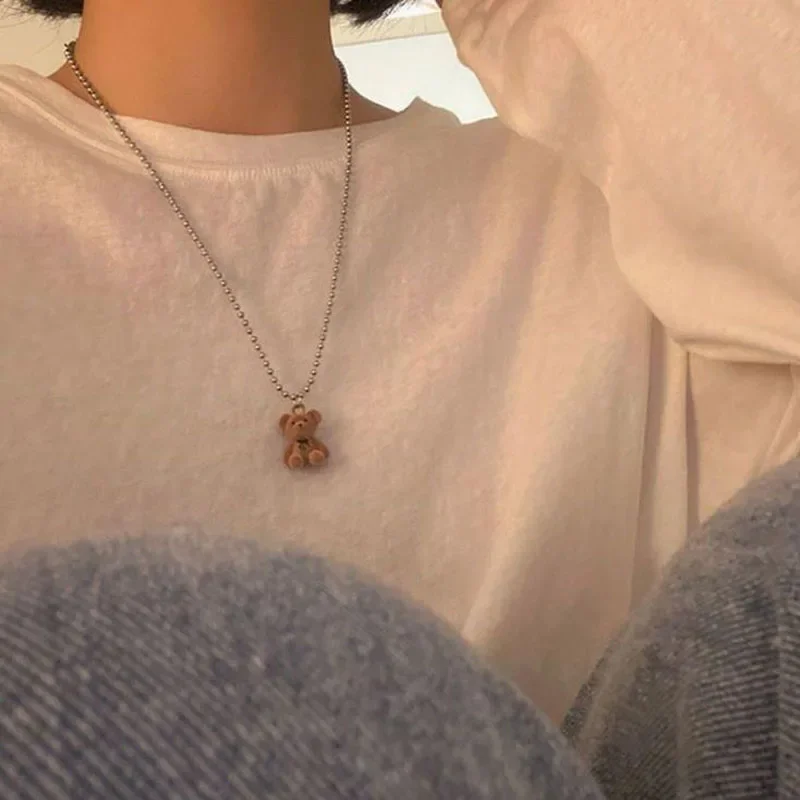 Fashionable Cute Plush Bear Pendant Necklace Women Korean Style Cute Little Bear Earrings for Women Girls Party Jewelry Gift