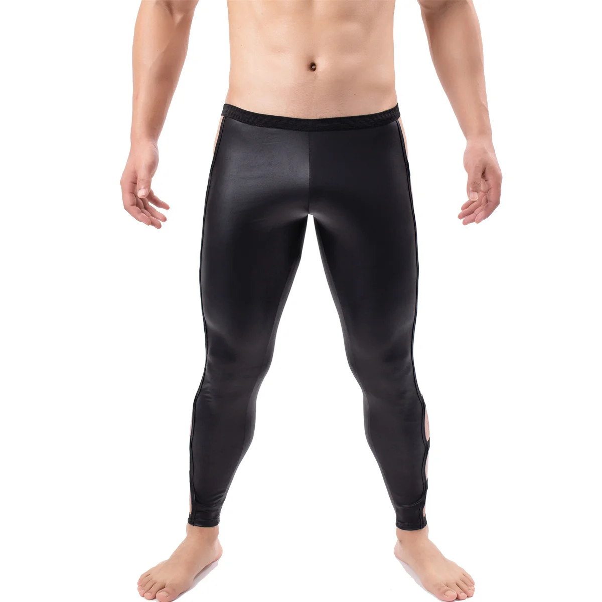 Description Picture 5 of itemSexy Mens Trousers Side Straps PU Leather Latex Tight Long Pants Singlets Faux Leather Fitness Clubwear Gay Wetlook Jogger Pants