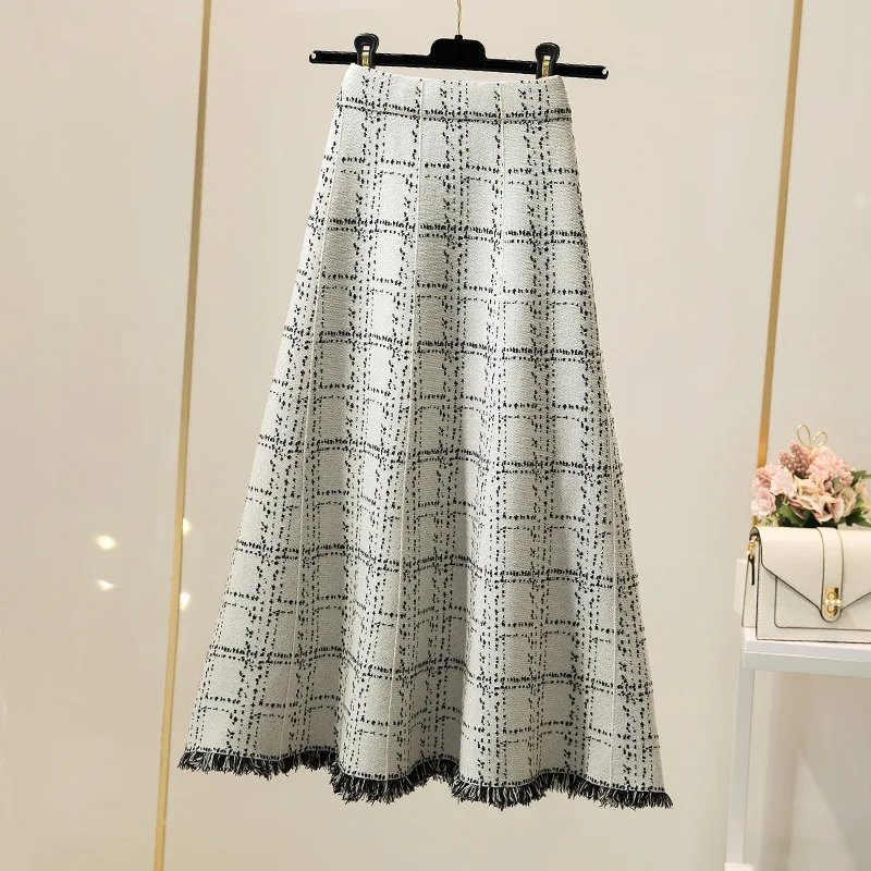 Plaid Women's Season 2020 New High Waist Umbrella Mid-Length over-the-Knee A- line Knitted Dress Long Skirt