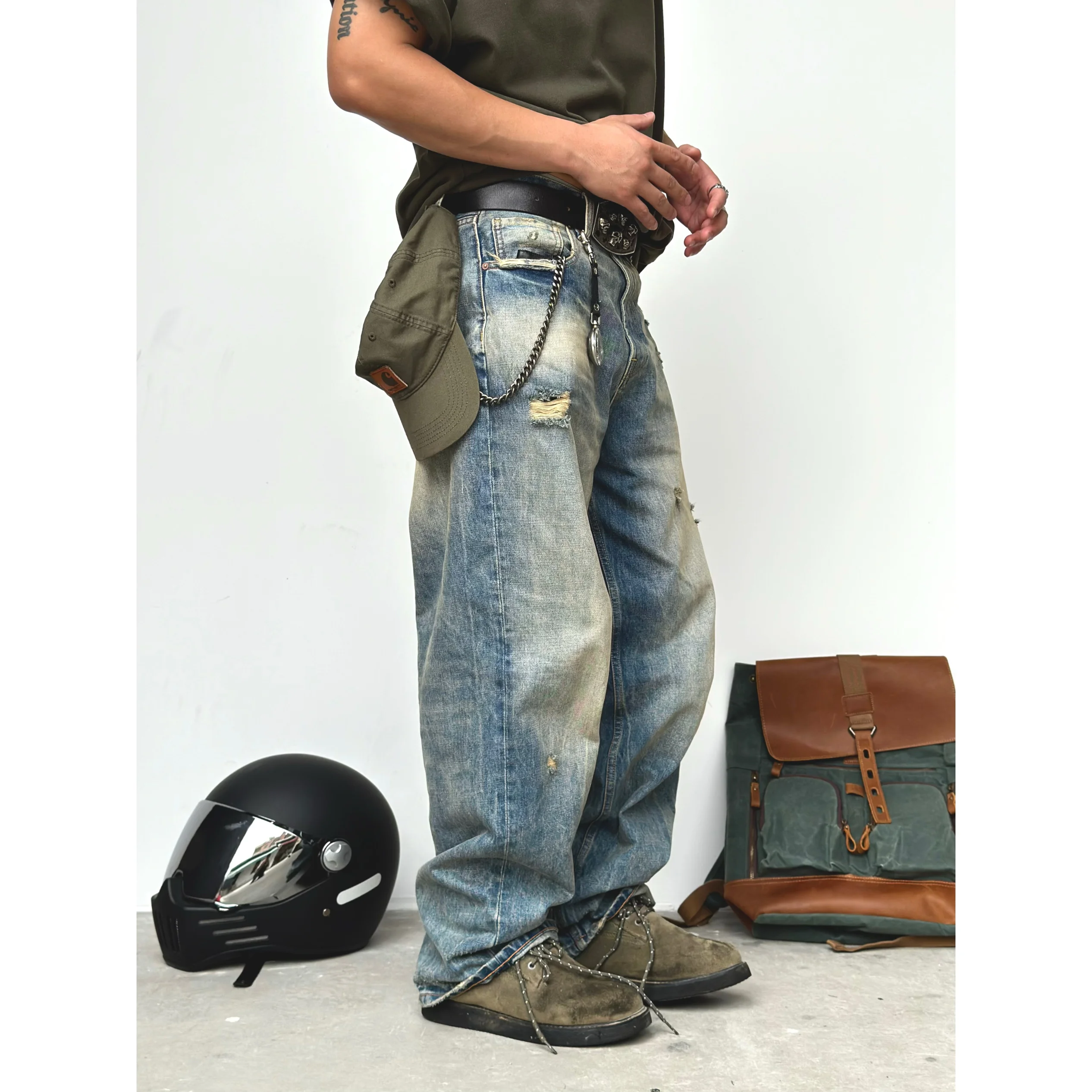 High Quality Wasteland Style Heavy Washed Make Old Ripped American Casual Jeans Men's Pants Trousers