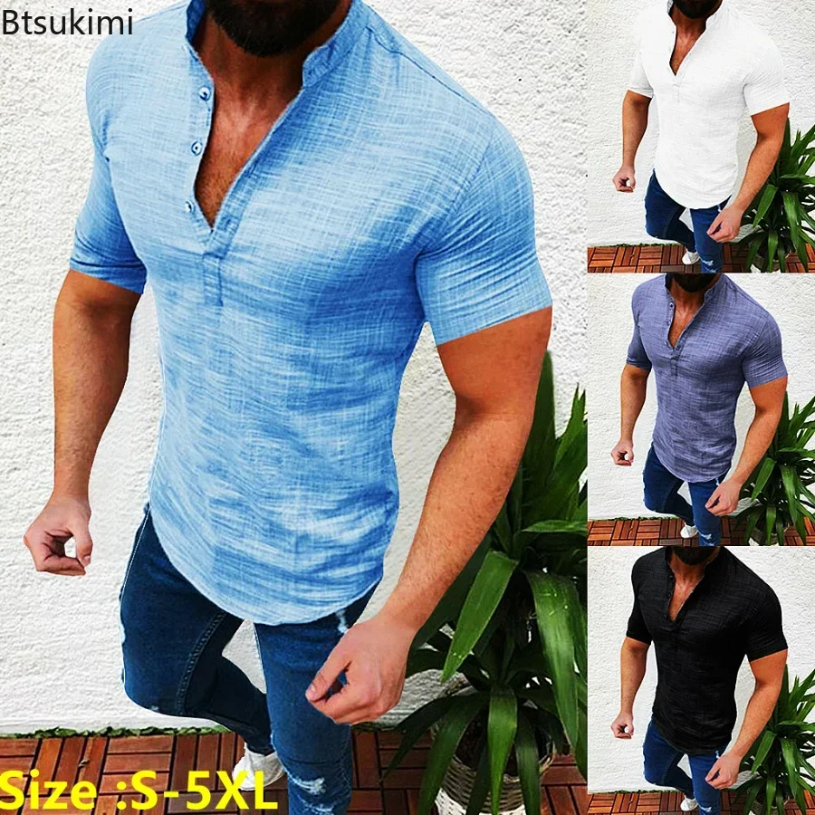 New Men's Summer Casual Cotton Line Shirts Solid Stand Collar V-neck Loose Short Sleeve Shirts Male T Shirt Camisas Top