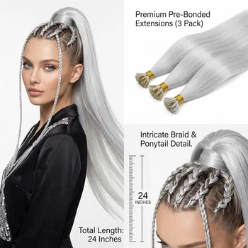 1 Bundles 24 Inch Silver Braiding Hair, Pre-Treated Weft Ends, for Fashion, Costume, and Face-Framing Hairstyles synthetic 1