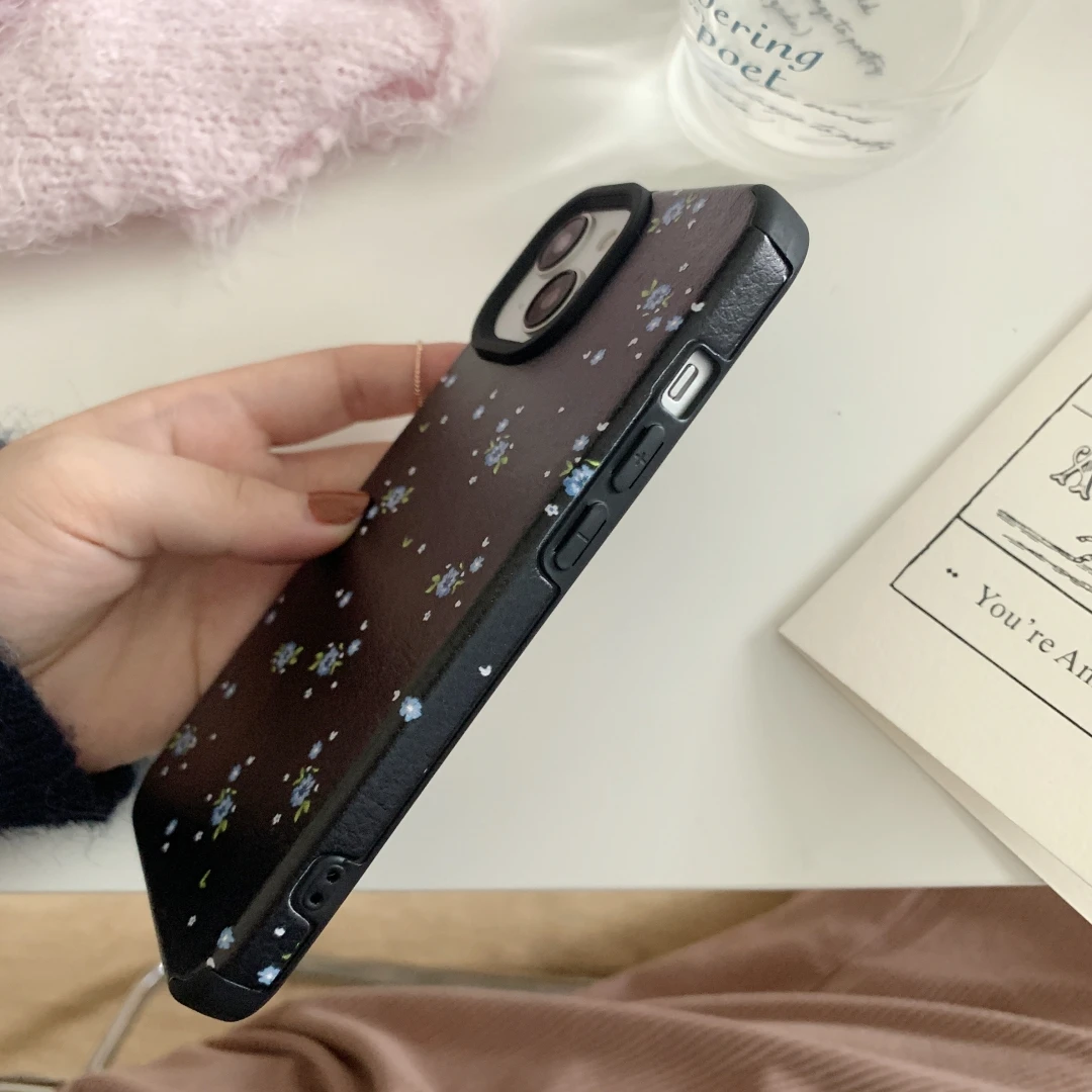 Black Floral Leather Phone Case for iPhone
