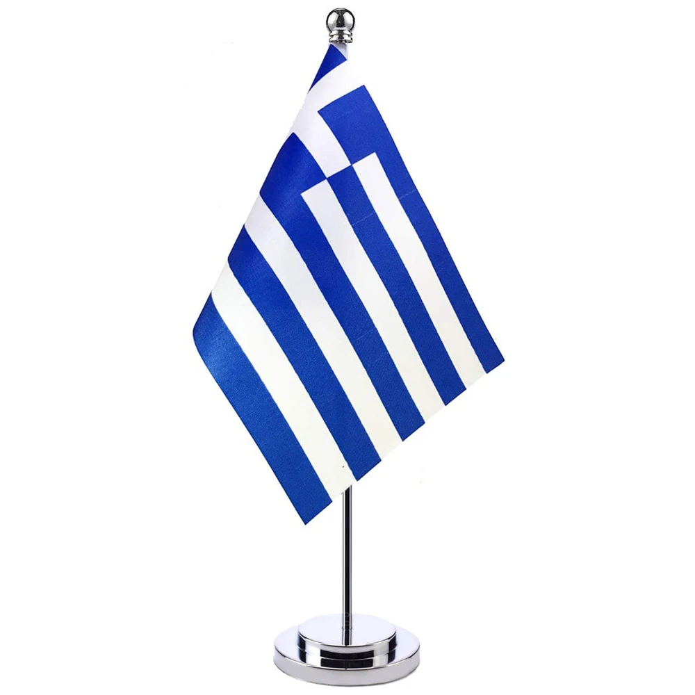 

14x21cm Mini Flag Of Greece Banner Meeting Boardroom Table Desk Stand Stainless Steel Pole The Greek Flag National Design