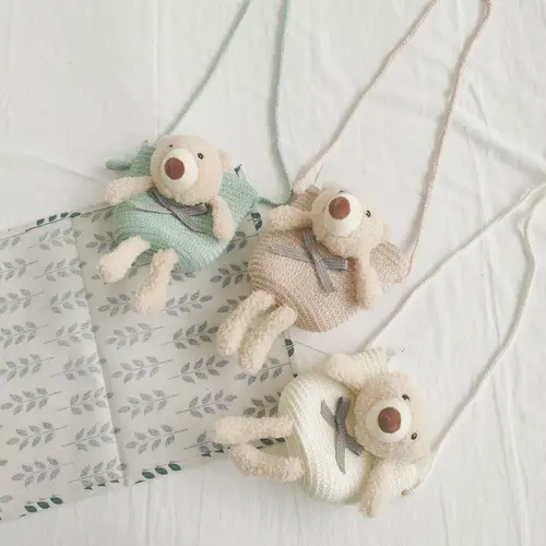 귀여운 곰 아기 여아 숄더백, 어린이 메신저 가방, 키즈 공주 미니 보우 핸드백, 크로스 바디 백, 어린이 동전 지갑 빨대 4