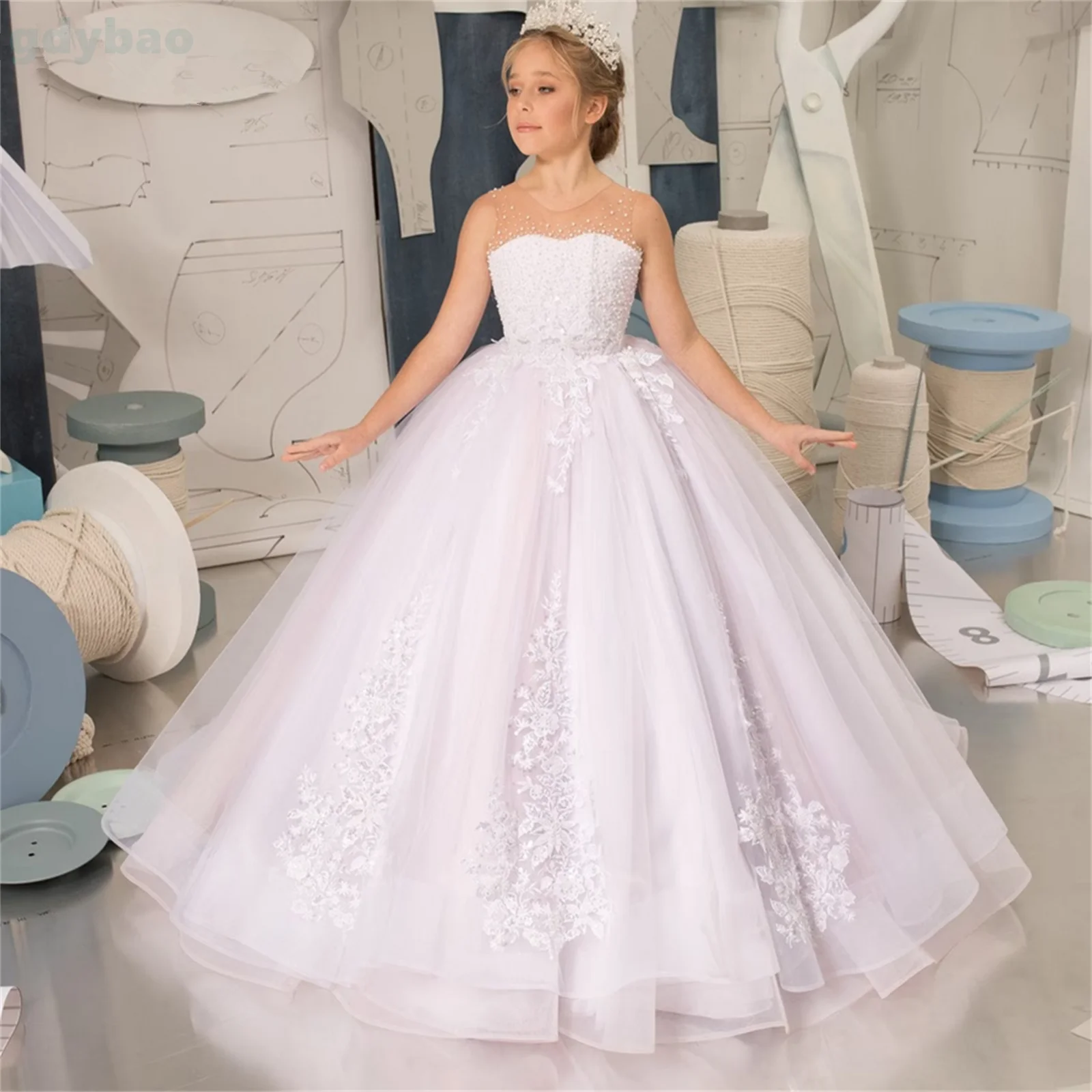 

A+White Pearl Princess Appliques Glitter Dresses 2-14 Year Old Birthday Party Gown Party First Communion Floor Length Dress