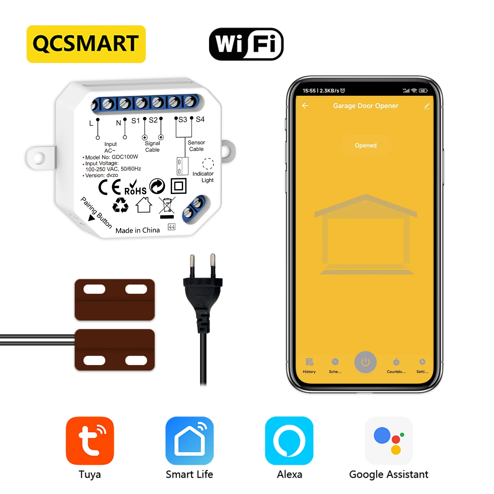 Garage Door Opener Garage Remote Control QCSMART Tuya Smart Life Garage Door Opener Controller Security Protection Remote Control Google Home Assistant Alexa