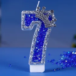 Crown Candles Colorful Sequin Cake Topper with Handmade Crown Design (Blue 7)