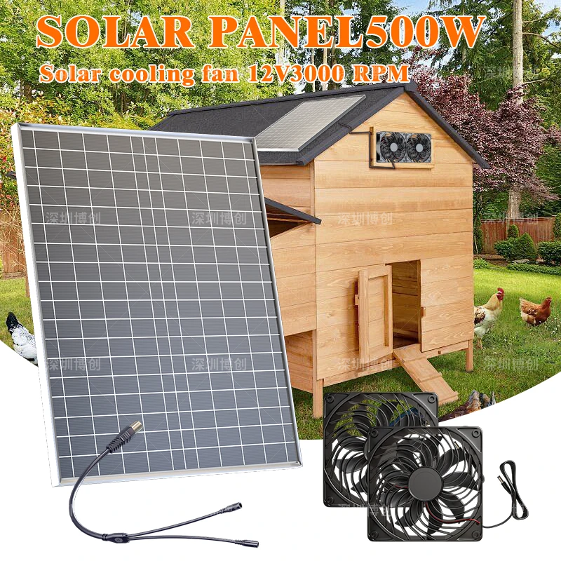 500W Solar Powered 12V Exhaust Fan - Fast Ventilation for Dog House, Chicken Coo