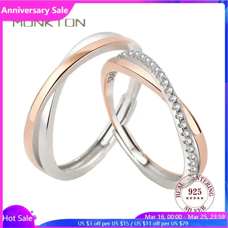 Monkton 925 Sterling Silver Couples Rings Micro-set A Pair Adjustable ...