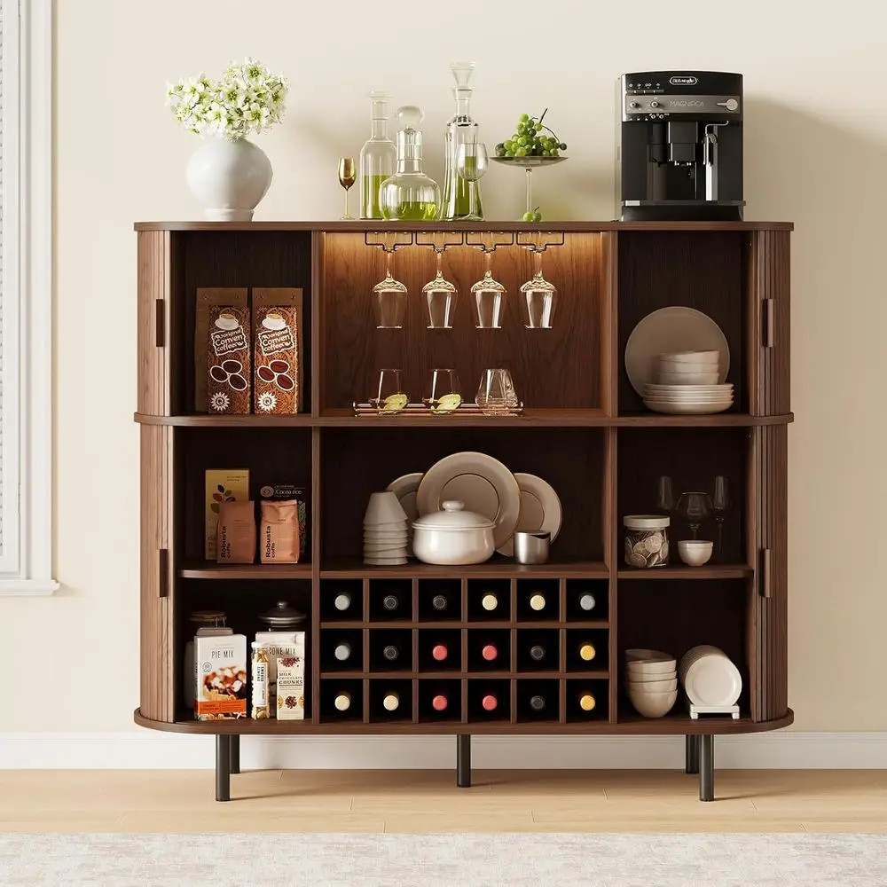 LED-Illuminated Fluted Wine Bar Cabinet with Coffee Station and Power Outlet, Modern Liquor Cabinet with Wine Rack & Glass Holde