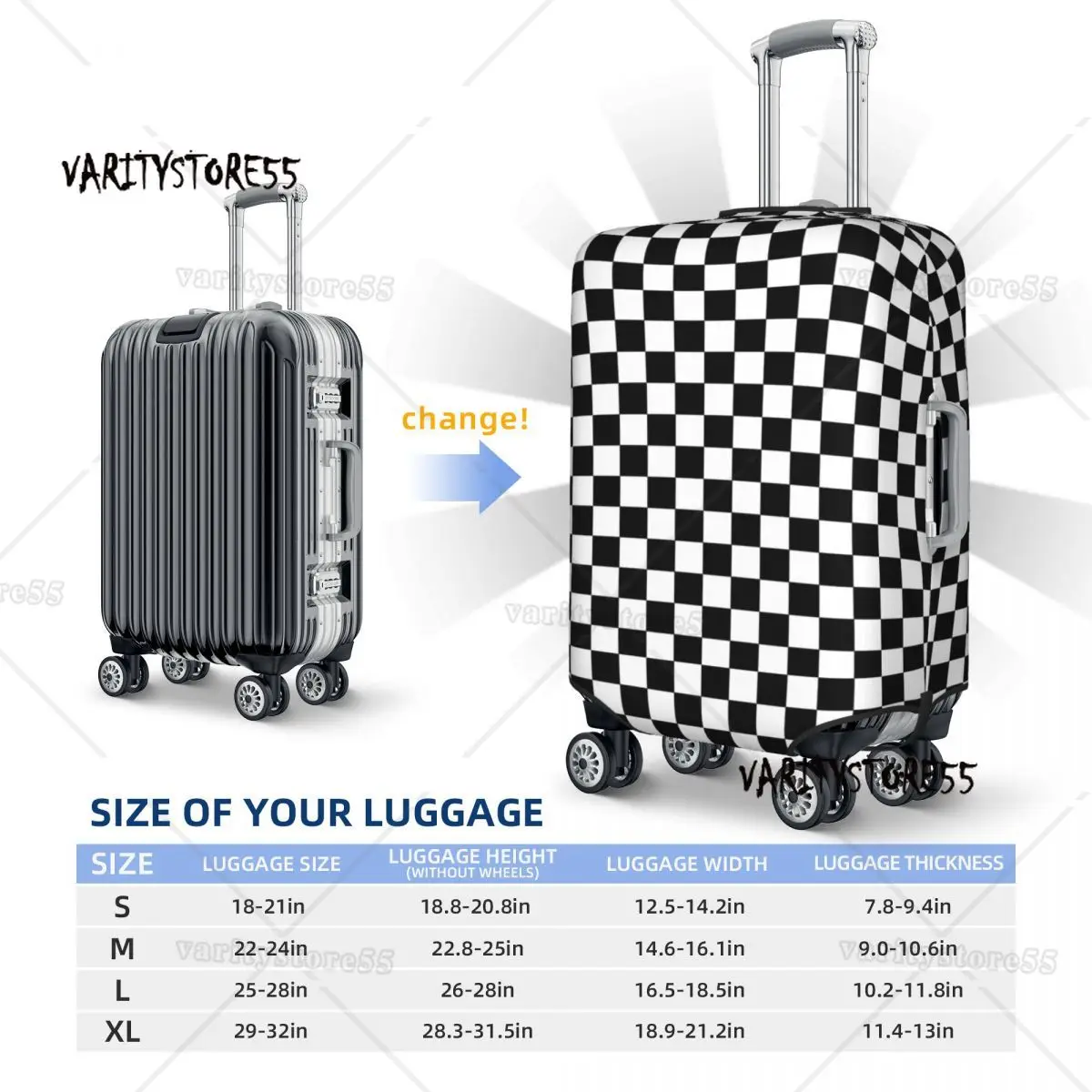 Black And White Checkered Travel Luggage Cover Washable Geometric Checkerboard Suitcase Cover Protector Fit 18-32 Inch 6