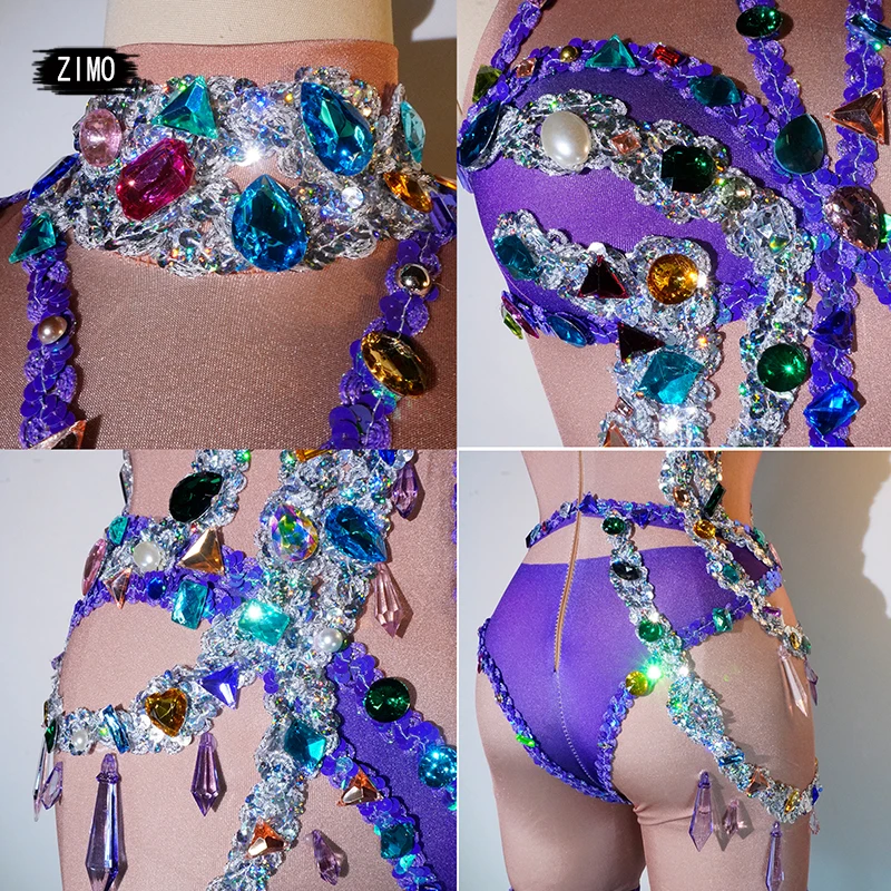 fashion crystal Purple rhinestone Jumpsuit Woman Birthday Celebrate sexy Stage Performance DS club birthday pole dance clothing