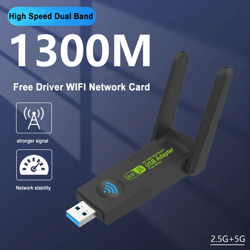 Free Drive 1300Mbps Wifi Adapter Karta sieciowa Dwuzakresowa 2.4/5GHz z podwójną anteną Wifi 5 USB 3.0 Wi-Fi Dongle Receiver