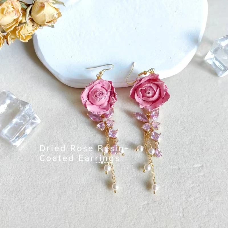 Elegant Immortal Rose Long Earrings Epoxy Resin Real Rose Flower 17