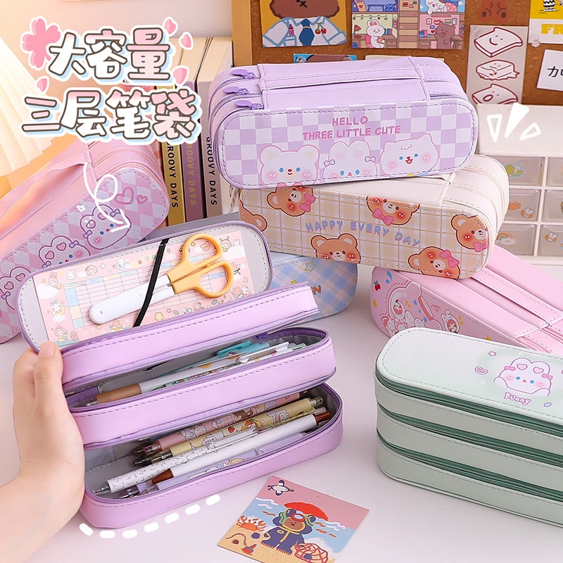 Estuches de lápices de dibujos animados coreanos para niños, estuche de almacenamiento de gran capacidad, de PU transparente, regalo estudiantes y niñas estuche escolar 3 compartimentos lápices| | - AliExpress