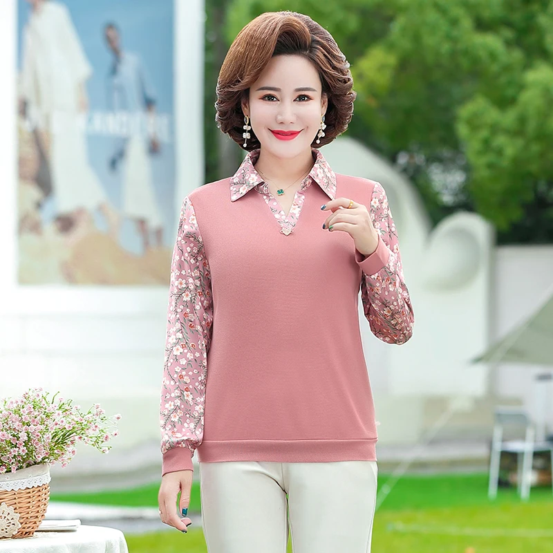 

Women's Long Sleeve Knitting Bottom T-Shirt 2022 Spring Autumn New Large Size 5XL Floral Tee Tops Casual Pullover Mother Clothes