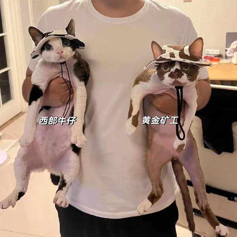 귀 구멍이 있는 코튼 고양이 모자, 스핑크스 털 없는 고양이, 새끼 고양이 데본 렉스 자외선 차단, 여행 하이킹 타이 염료 조절 가능 모자
