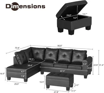 Faux Leather/Linen Fabric Sectional Sofa Couch, Modern L-Shaped Modular Couch Upholstered 3/6 Seaters Living Room Sofa Couch 2