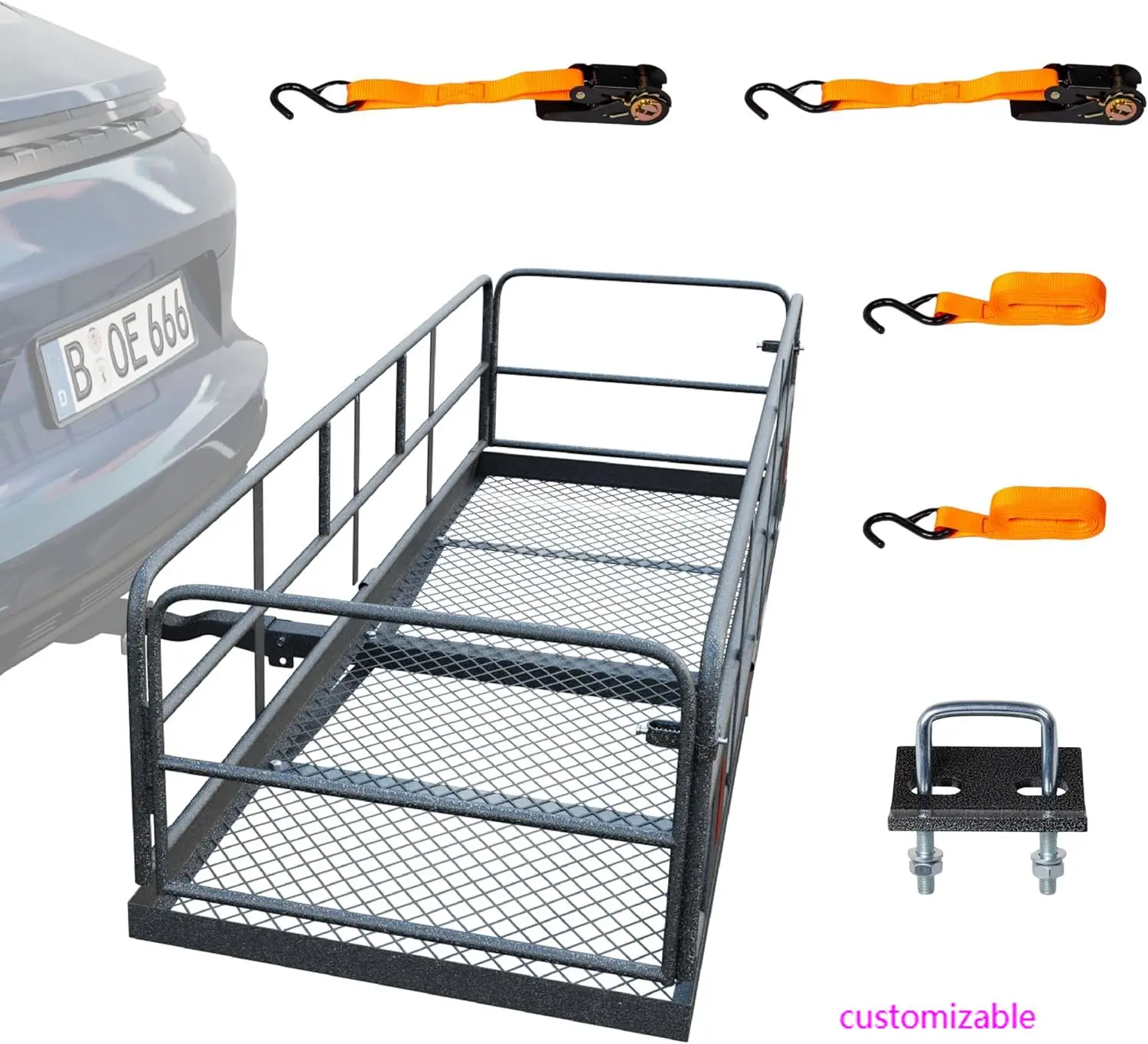 60"x24"x14"Folding Hitch Mount Cargo Carrier Basket,Upgraded 14"Height500lbs Steel Car Hitch Luggage Rack with Straps&Stabilizer