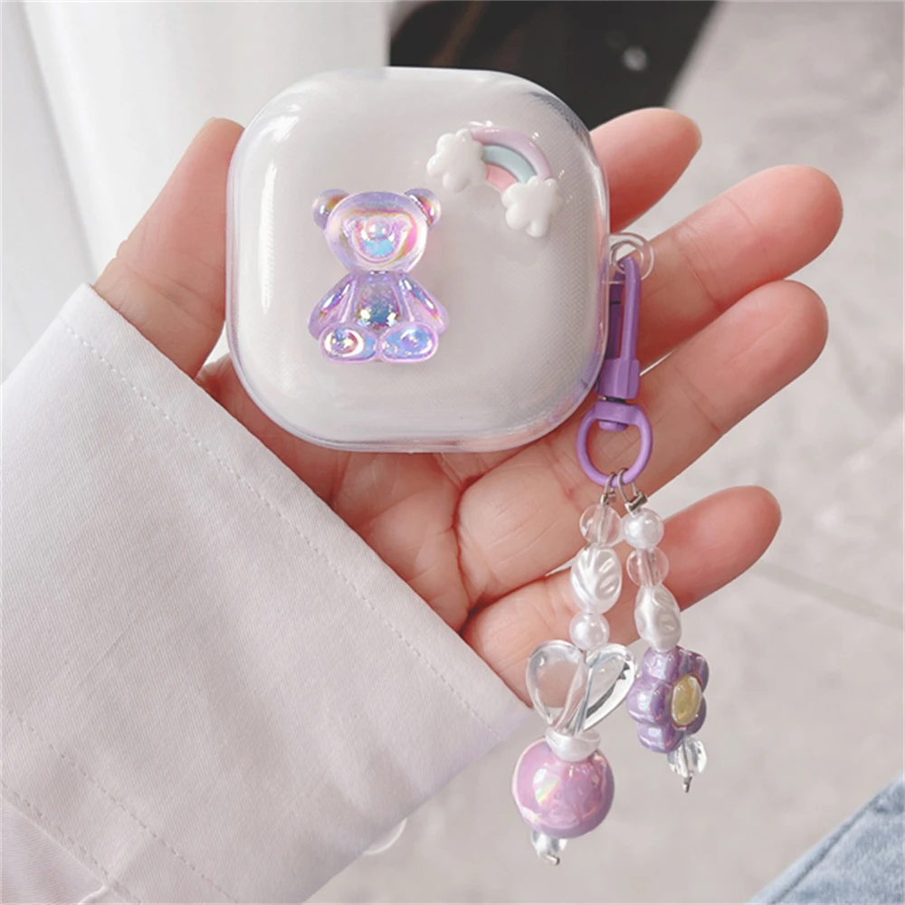 Cute 3D Bear Rainbow Headphones Custodia Morbida Per Samsung Galaxy Buds Live With Love Heart Bead Pendant Cover Per Samsung Buds 2 Pro