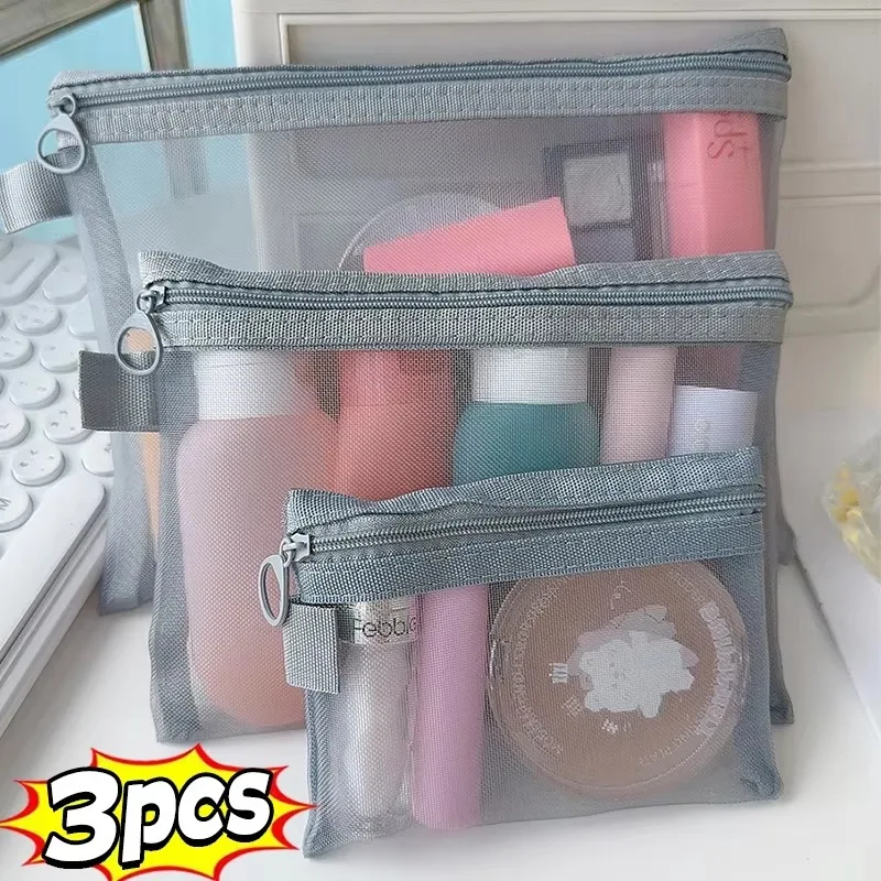 1/3pcs Transparent Mesh Zipper Cosmetic Bag Women Necessary Organizer Fashion Small Large Grey Toiletry Bags Makeup Pouch Case 3