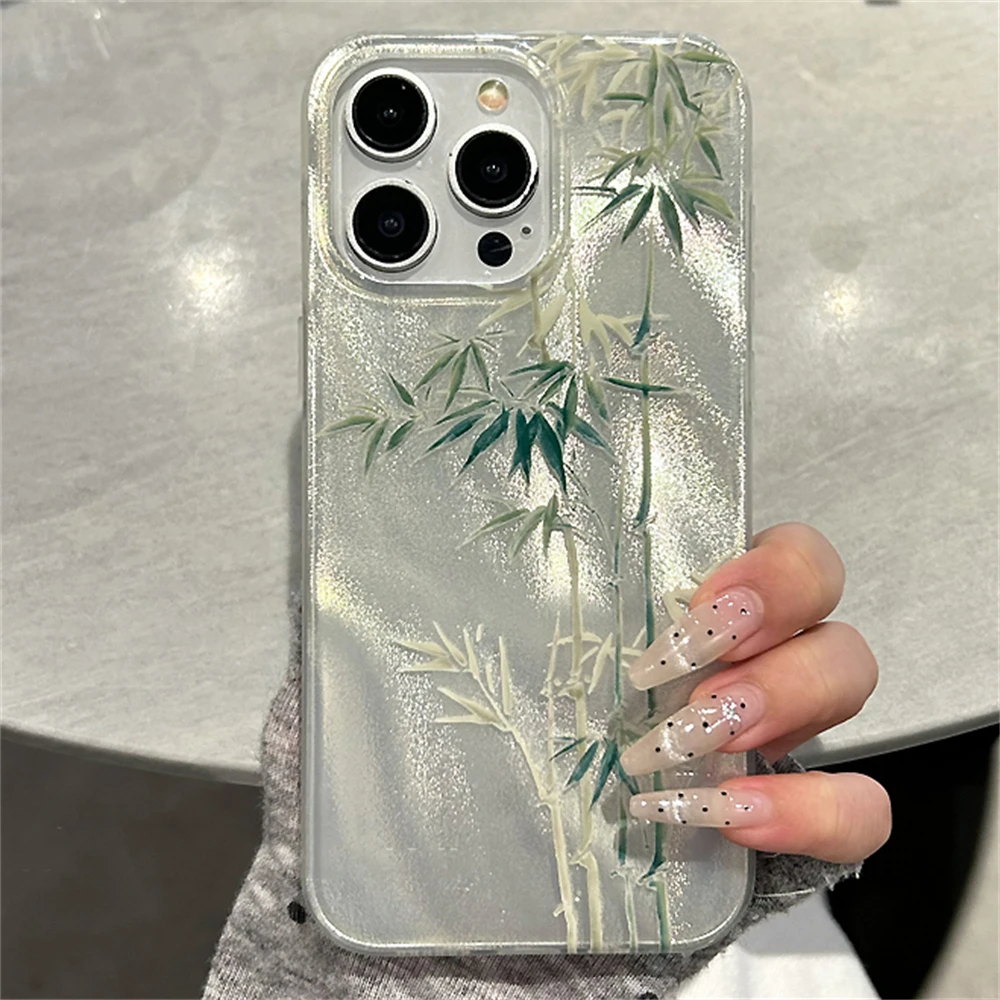 Chic Green Bamboo Feather Yarn Texture Case - Stylish & Durable Protection