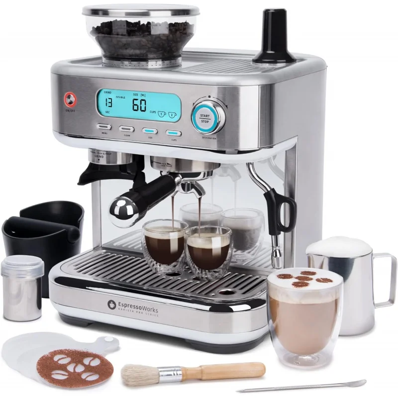 

Эспрессо-машина EspressoWorks серии Barista Pro с измельчителем, ЖК-дисплеем и отпаривателем-готова к работе в течение 60 сек-15 бар латте А