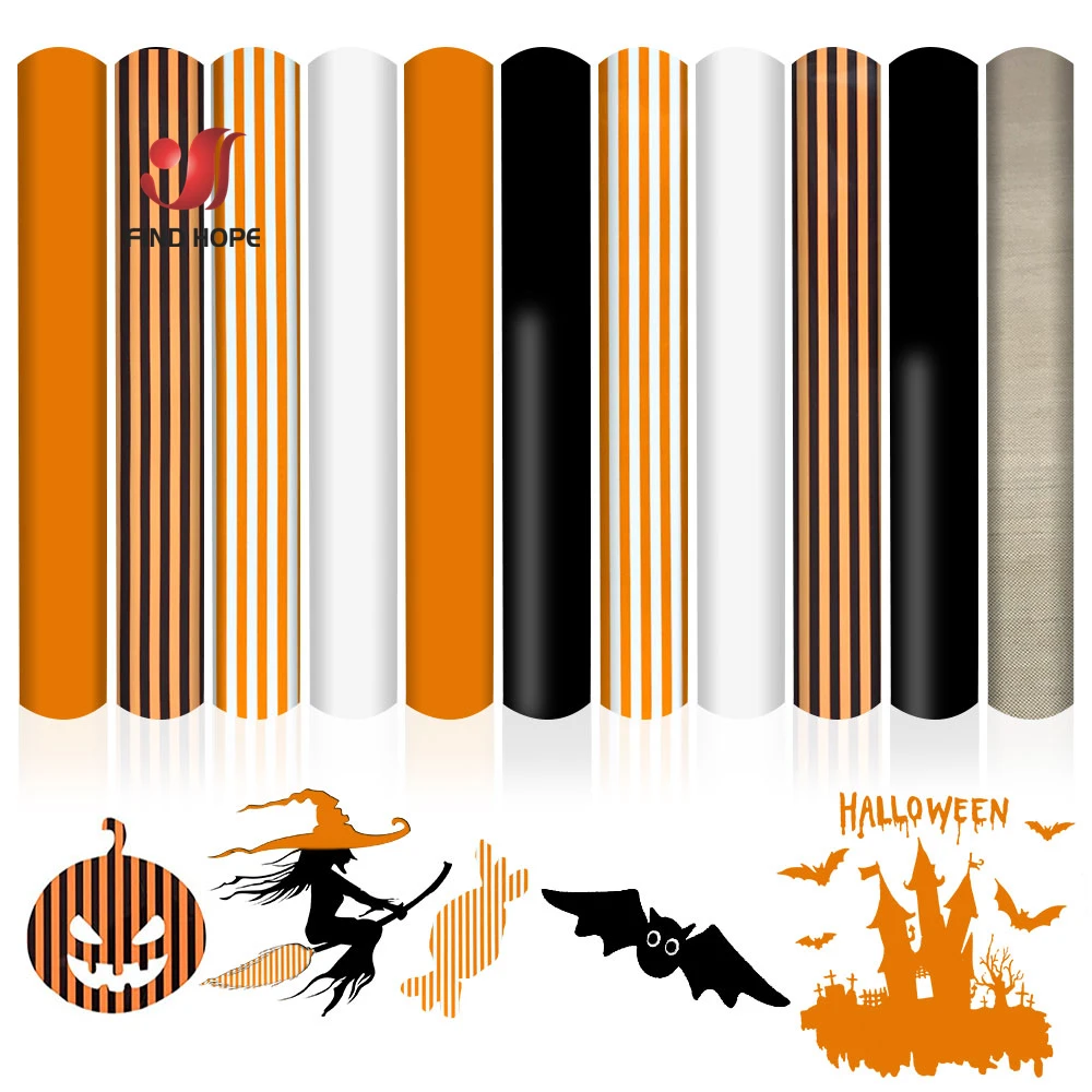 12in x 10in 11 Sheets Orange Black White Heat Transfer Vinyl Film Iron on T-shirt Decor 5 Assorted Colors with One Brown Mat DIY