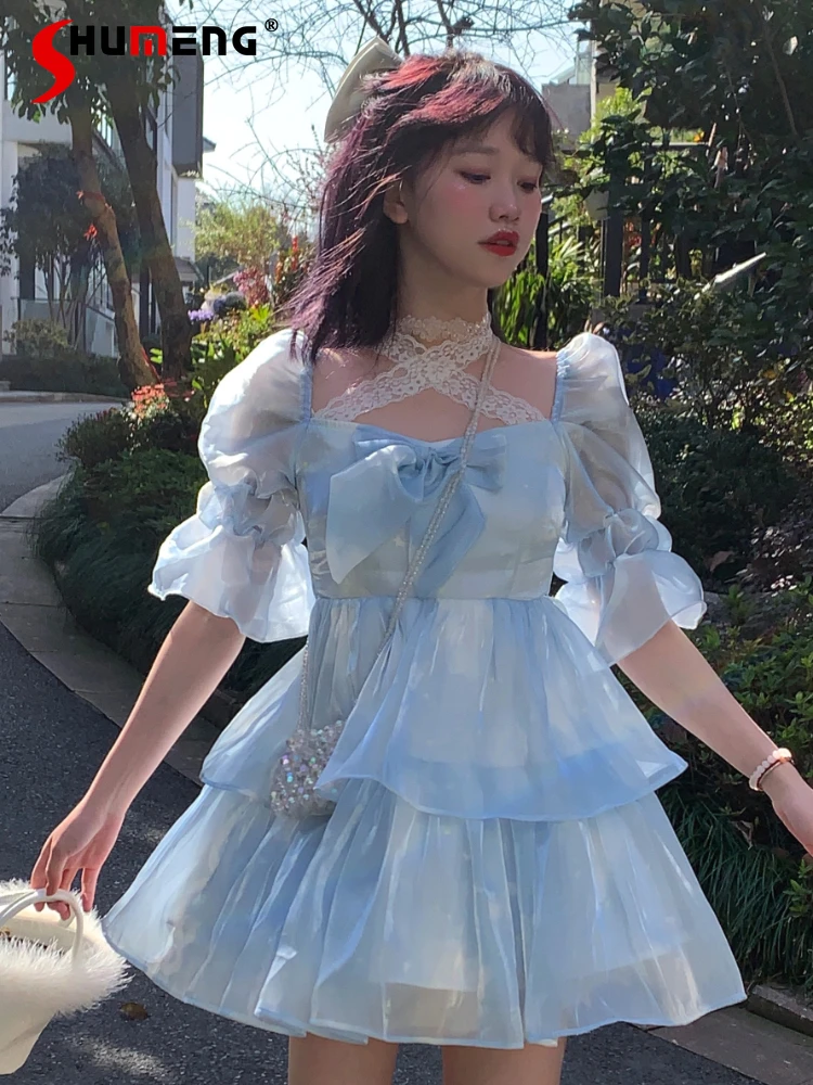 

Mori Girl Original Cute Princess Ruffled Blue Dress Woman Lolita Off-shoulder Collar Short Puff Sleeve High Waist Tutu Dress Op