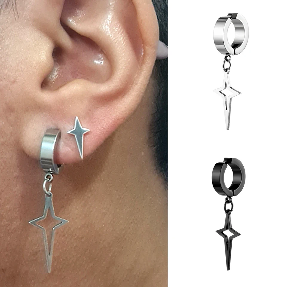 1 pezzo in acciaio inossidabile punk uomo clip su orecchini geometria pendente ciondola falso piercing cerchio Huggies orecchini donna nero gotico  36