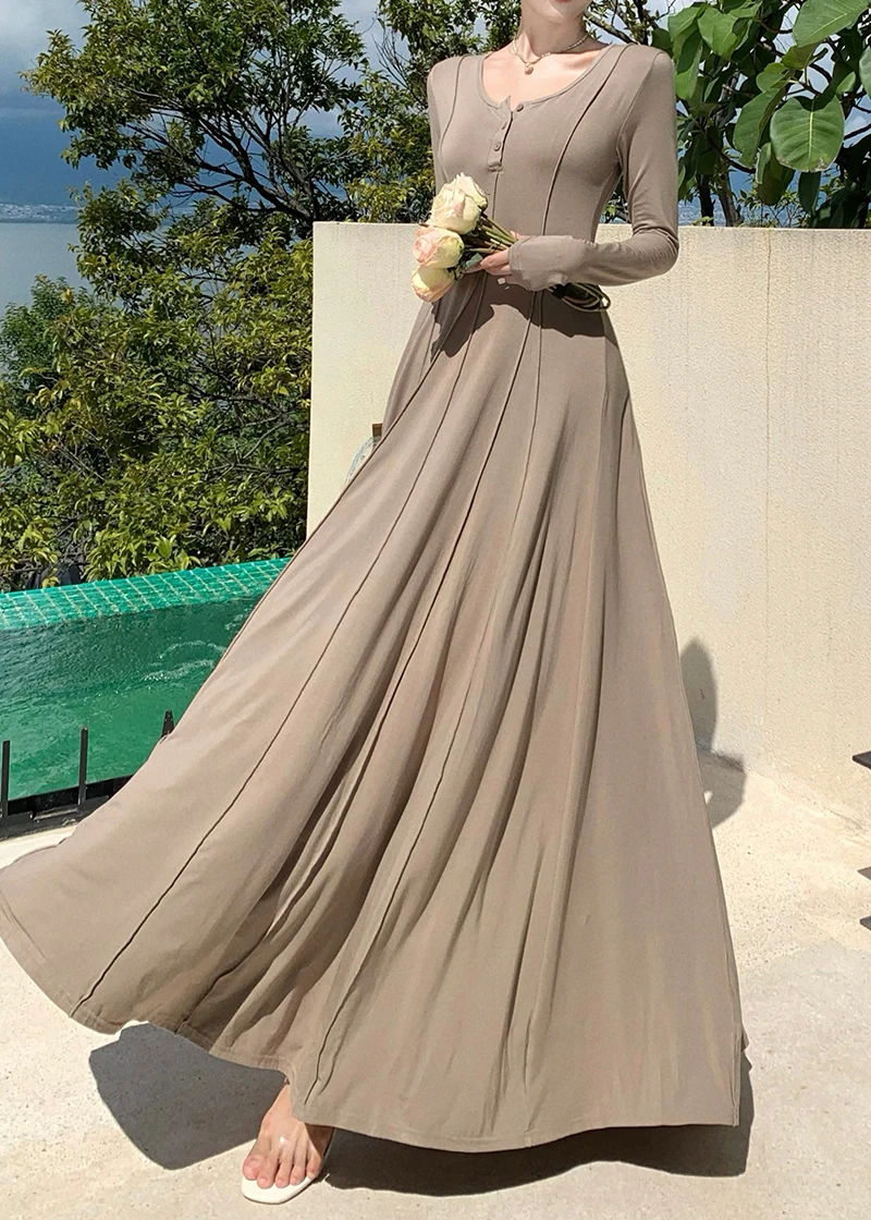 Casual Knitted Dresses for Women Long Sleeves Square Collar A-line Autumn Maxi Dress Korean Fashion Solid Vestidos Mujer New