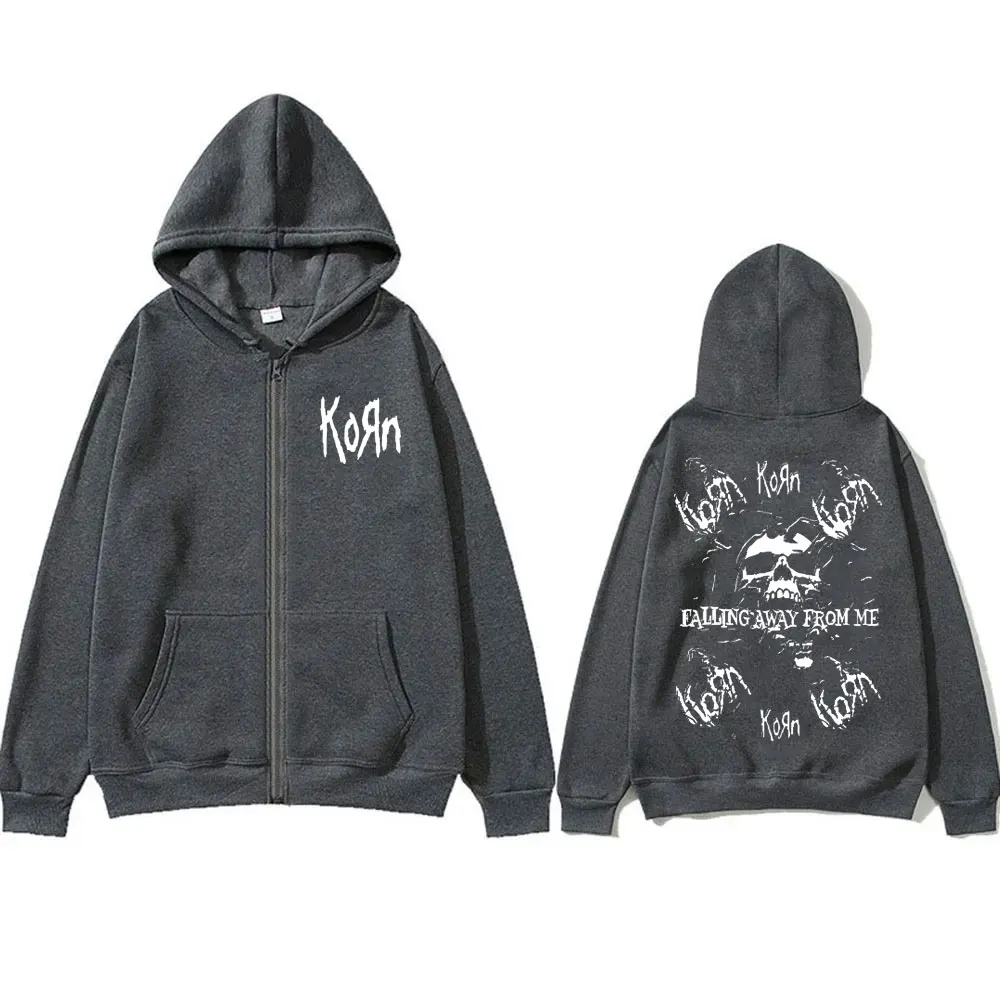 Rock Band Korn Falling Away From Me Print Zipper Hoodie Male Vintage Skeleton Graphic Zip Up Hoodies Men Gothic Oversized Jacket